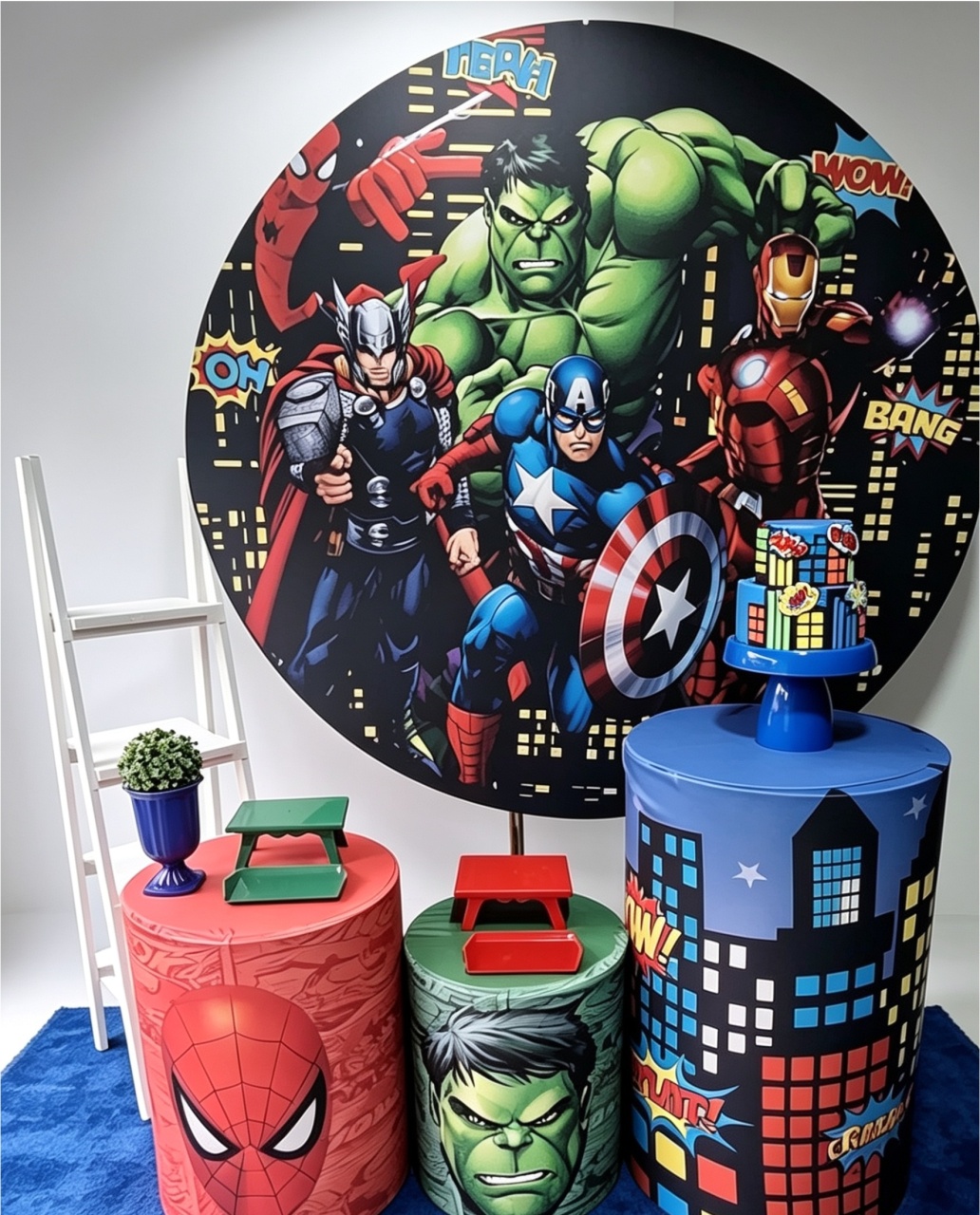 Vingadores+Bolo Fake+ Tapete+ Escadinha - Pegue e monte Festança 