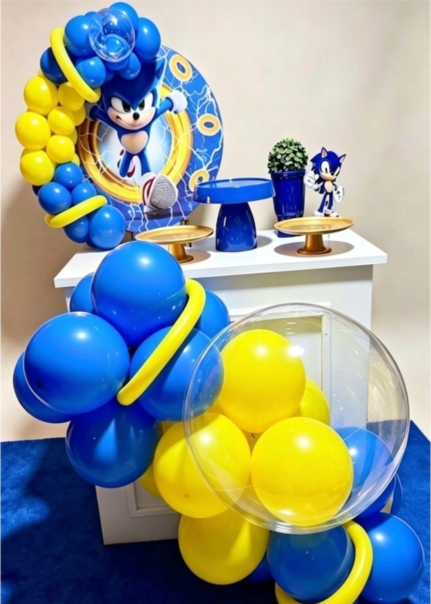Festa Na Mesa Sonic+ Bublle+Mesa Com Balões+Tapete - Pegue e monte Festança 