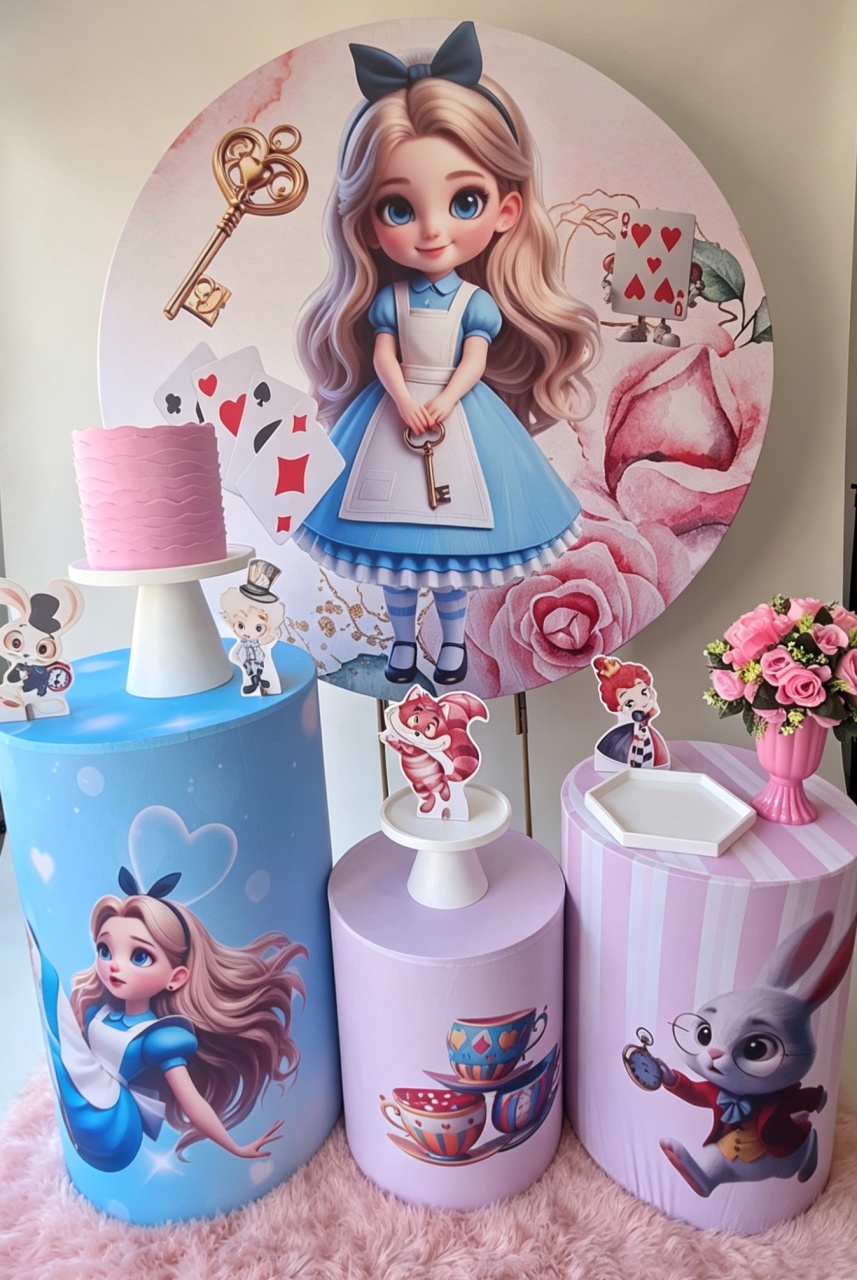 Alice No País das Maravilhas Rosa+Tapete+Bolo Fake - Pegue e monte Festança 