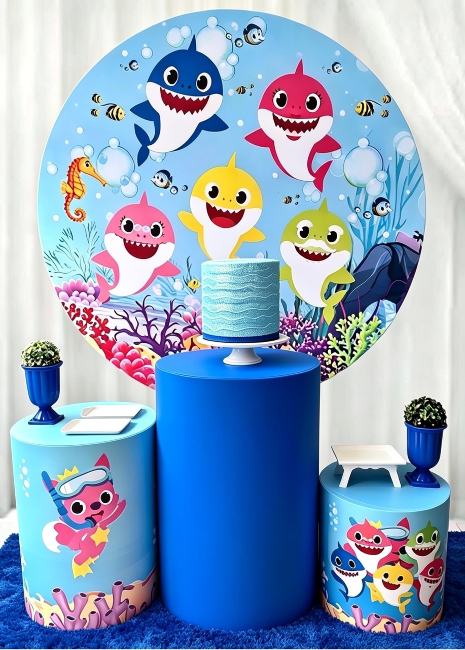 Baby Shark Azul+Bolo Fake+ Tapete - Pegue e monte Festança 