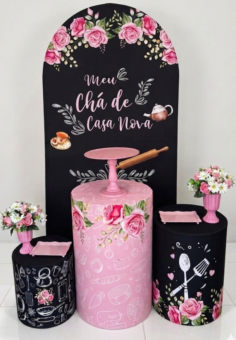 Cha de Casa Nova Preto E Rosa Floral - Pegue e monte Festança 