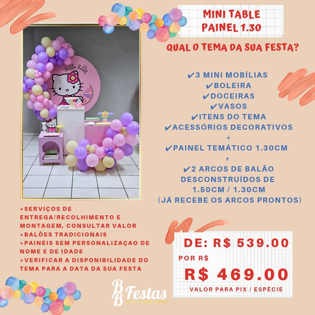 Kit Mini Table  -  Painel 1,30Cm + Mobília + Peças  + Balões - BB Festas Aluguel 