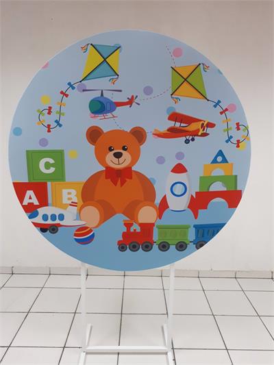 Painel Sublimado Redondo Brinquedos 1,30Cm - BB Festas Aluguel 