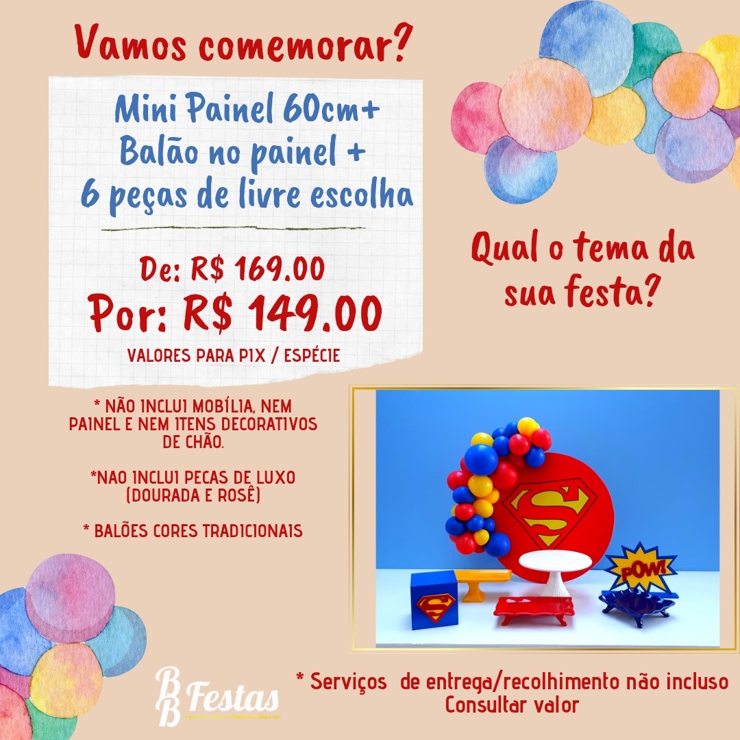 Kit Painel Temático 60Cm  + 6 Peças Decorativas de Mesa - BB Festas Aluguel 