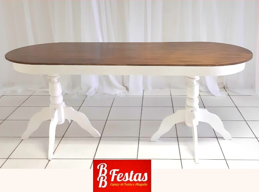 Mesa Oval Rústica Com Pé Torneado Branca 80Cm X 2M X 80Cm - BB Festas Aluguel 