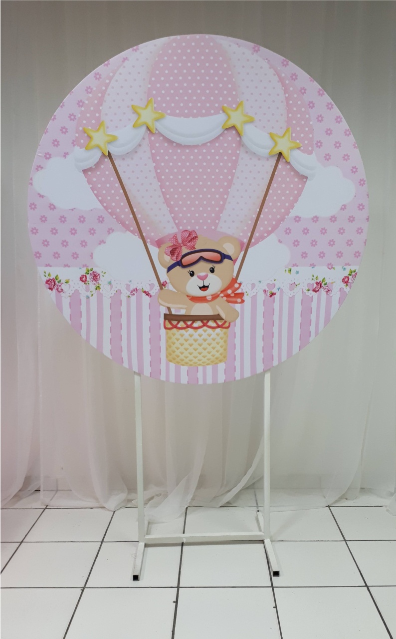 Painel Sublimado Redondo Urso Baloeiro Rosa (Cha Baby) 1,30Cm - BBFestasAluguel 