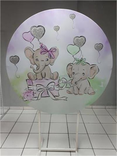 Painel Sublimado Redondo Chá Revelação Elefantinhos 1,30Cm - BB Festas Aluguel 