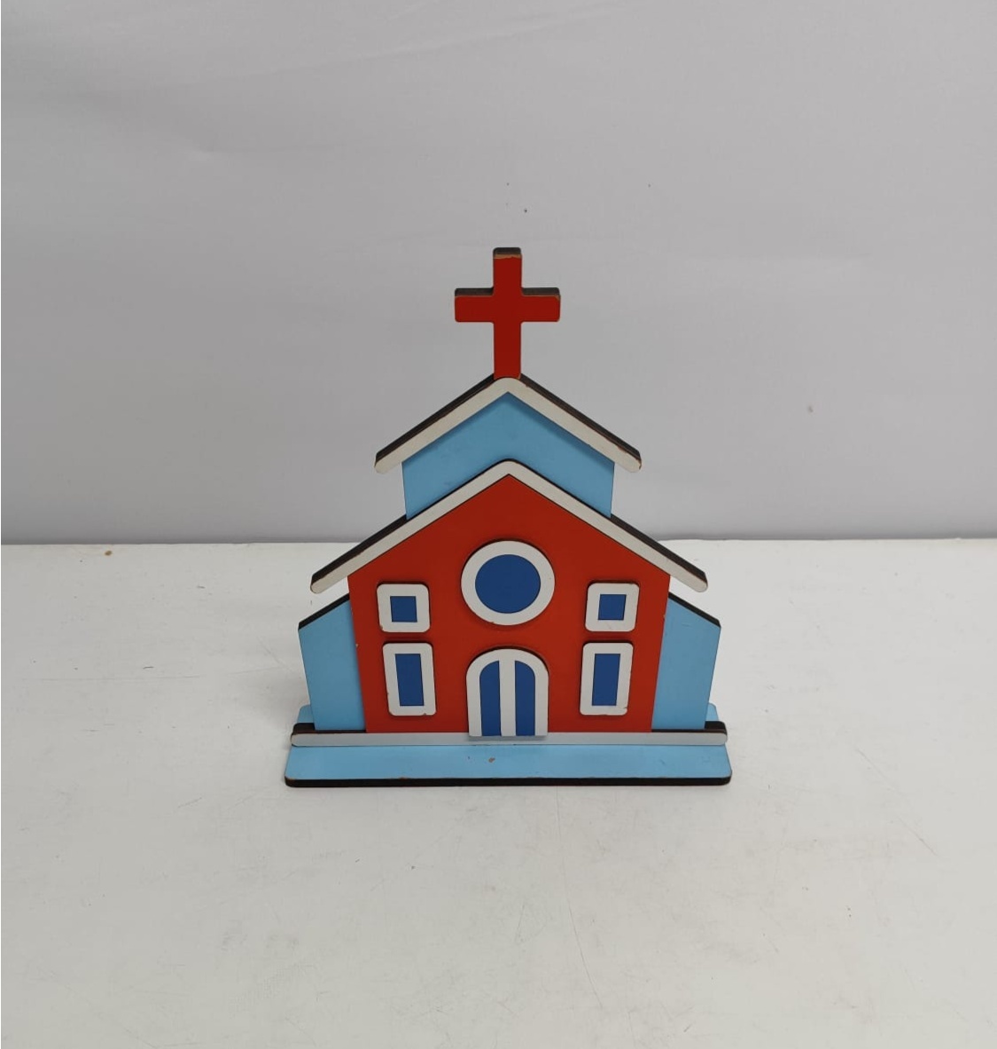 Totem Igreja Azul Claro/Laranja (São João) 28Cm X 25Cm - BBFestasAluguel 