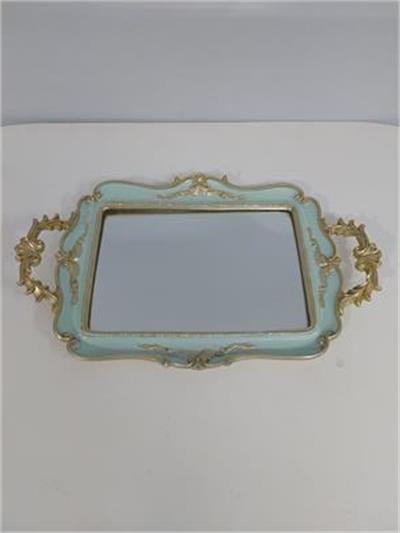 Bandeja Espelho Retangular Com Alça Azul Claro Com Dourada Alt2Cm 24Cm X 38Cm - BB Festas Aluguel 