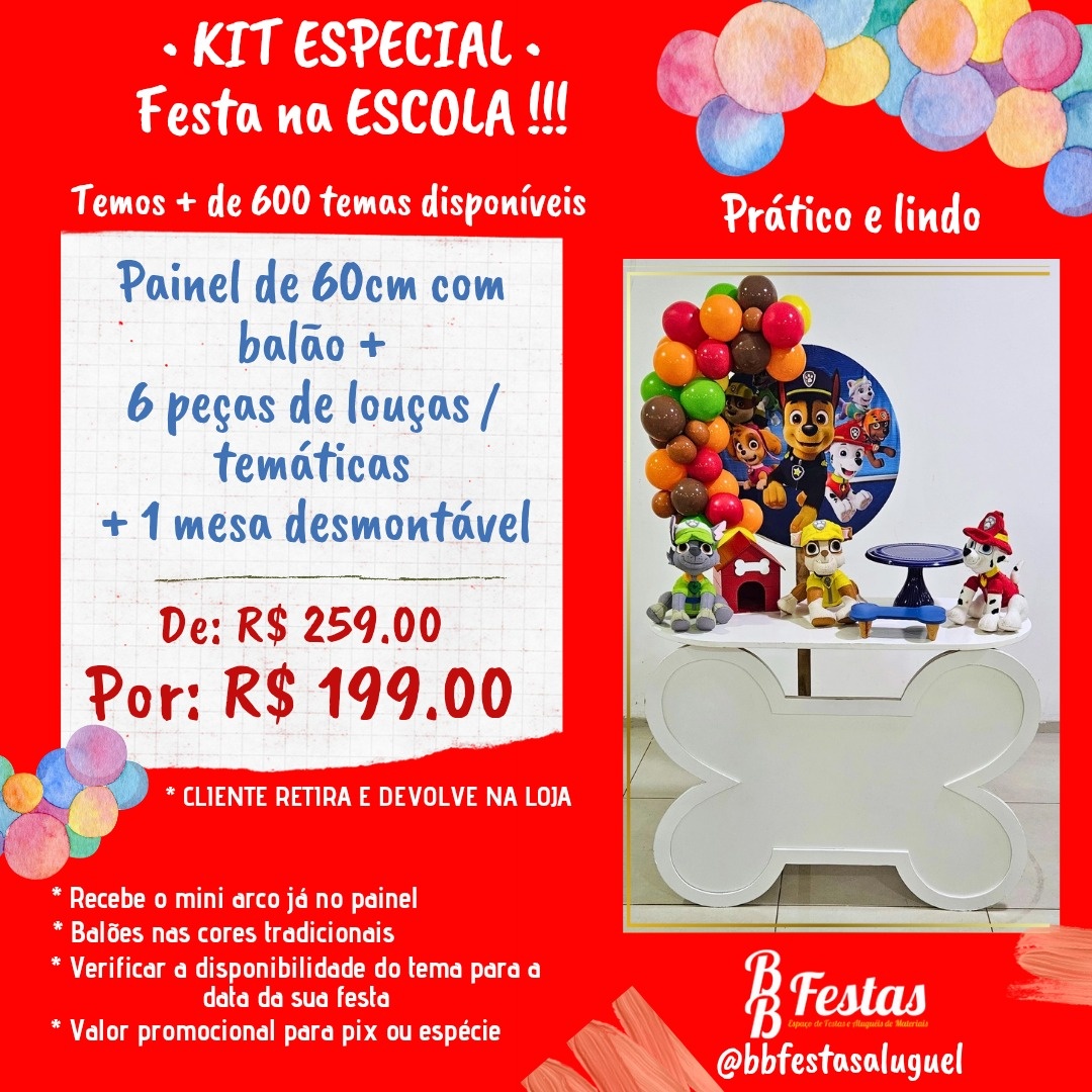 Kit Escola + Painel 60Cm + 6 Peças + 1 Mesa Desmontável - BB Festas Aluguel 