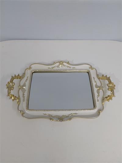 Bandeja Espelho Retangular Com Alça Branco Com Dourada Alt2Cm 24Cm X 38Cm - BB Festas Aluguel 