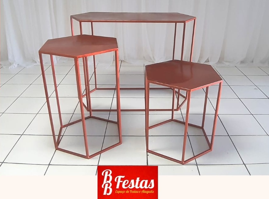 Trio Mesa Hexagonal de Ferro Rosê - BB Festas Aluguel 