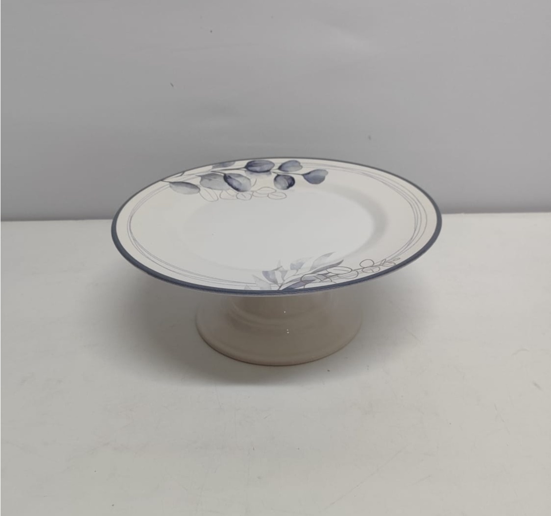 Porta Doce Redondo Branco Floral Azul  12Cm Alt X 30Cm Diametro  - BB Festas Aluguel 