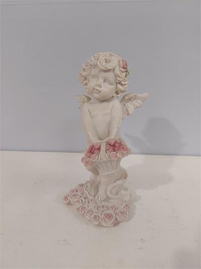 Anjo Com Cesto de Corações G Branco Com Detalhes Rosa Alt 23Cm X 13Cm X 10Cm - BB Festas Aluguel 