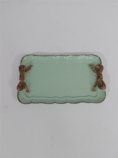 Bandeja Retangular Com Babado Sem Pé Com Laço P Verde Claro  Com Dourada Alt2Cm 11Cm X 19Cm - BB Festas Aluguel 