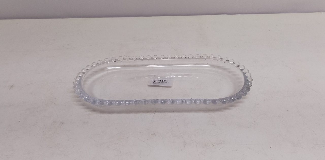 Bandeja Oval Cristal/M  Com Borda Bolinha 3Cm Alt X 12Cm Larg X 24Cm Comp  - BB Festas Aluguel 