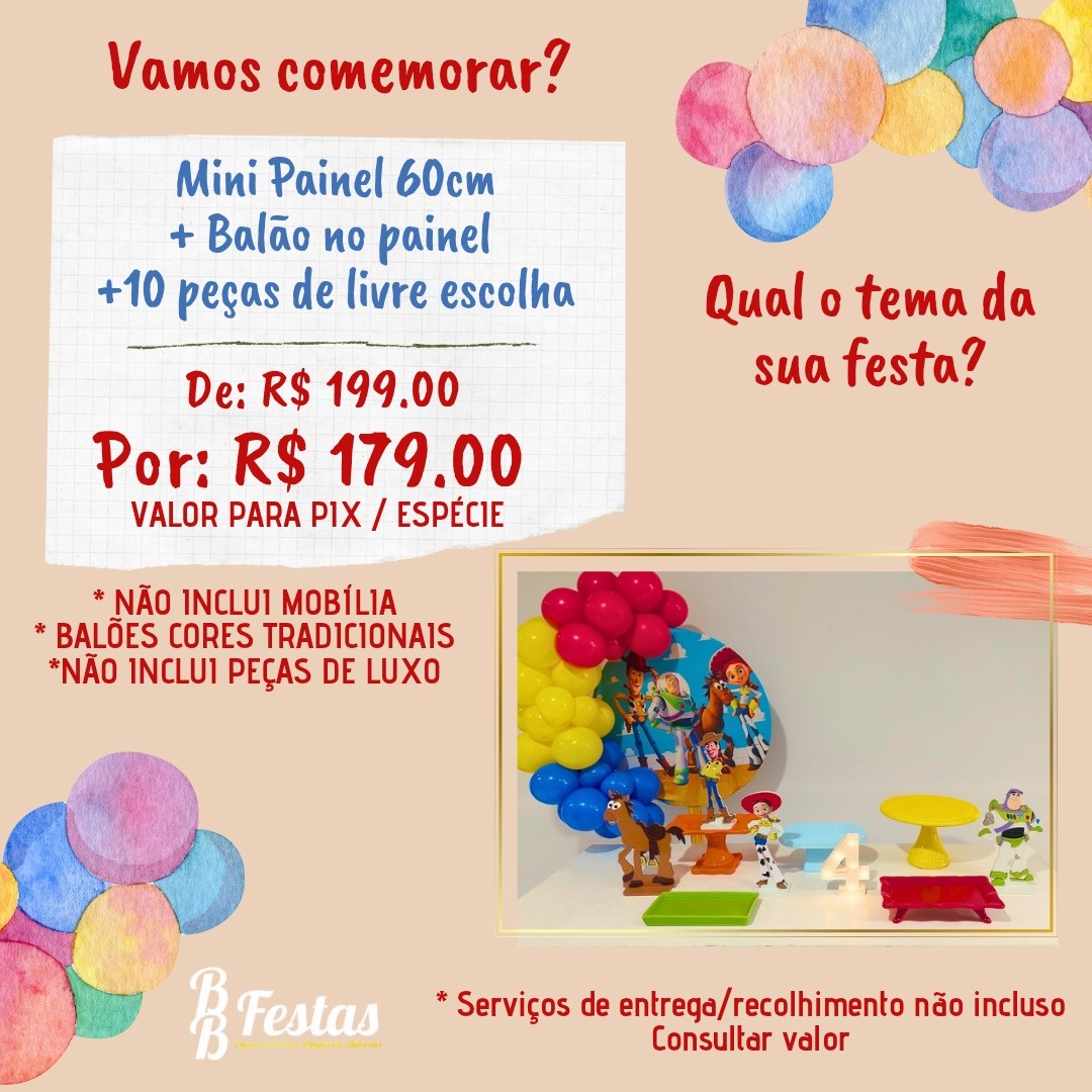 Kit Painel Temático 60Cm + 10 Peças Decorativas de Mesa - BB Festas Aluguel 