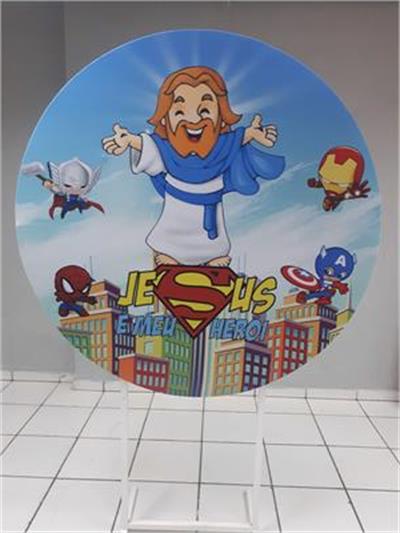 Painel Sublimado Redondo Jesus É Meu Herói Com Vingadores 1,30Cm - BB Festas Aluguel 