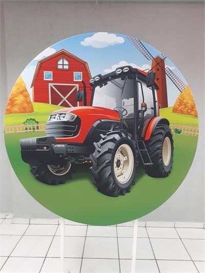 Painel Sublimado Redondo Trator da Fazendinha 1,30Cm - BB Festas Aluguel 