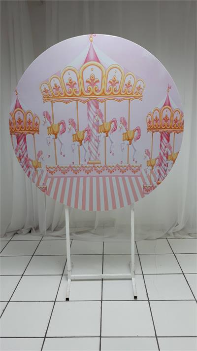 Painel Sublimado Redondo Carrossel Rosa 1,30Cm - BB Festas Aluguel 