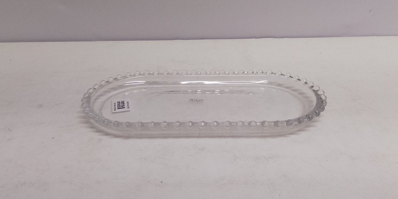 Bandeja Oval Cristal/G Com Borda Bolinha 3Cm Alt X 15Cm Larg X 30Cm Comp  - BB Festas Aluguel 