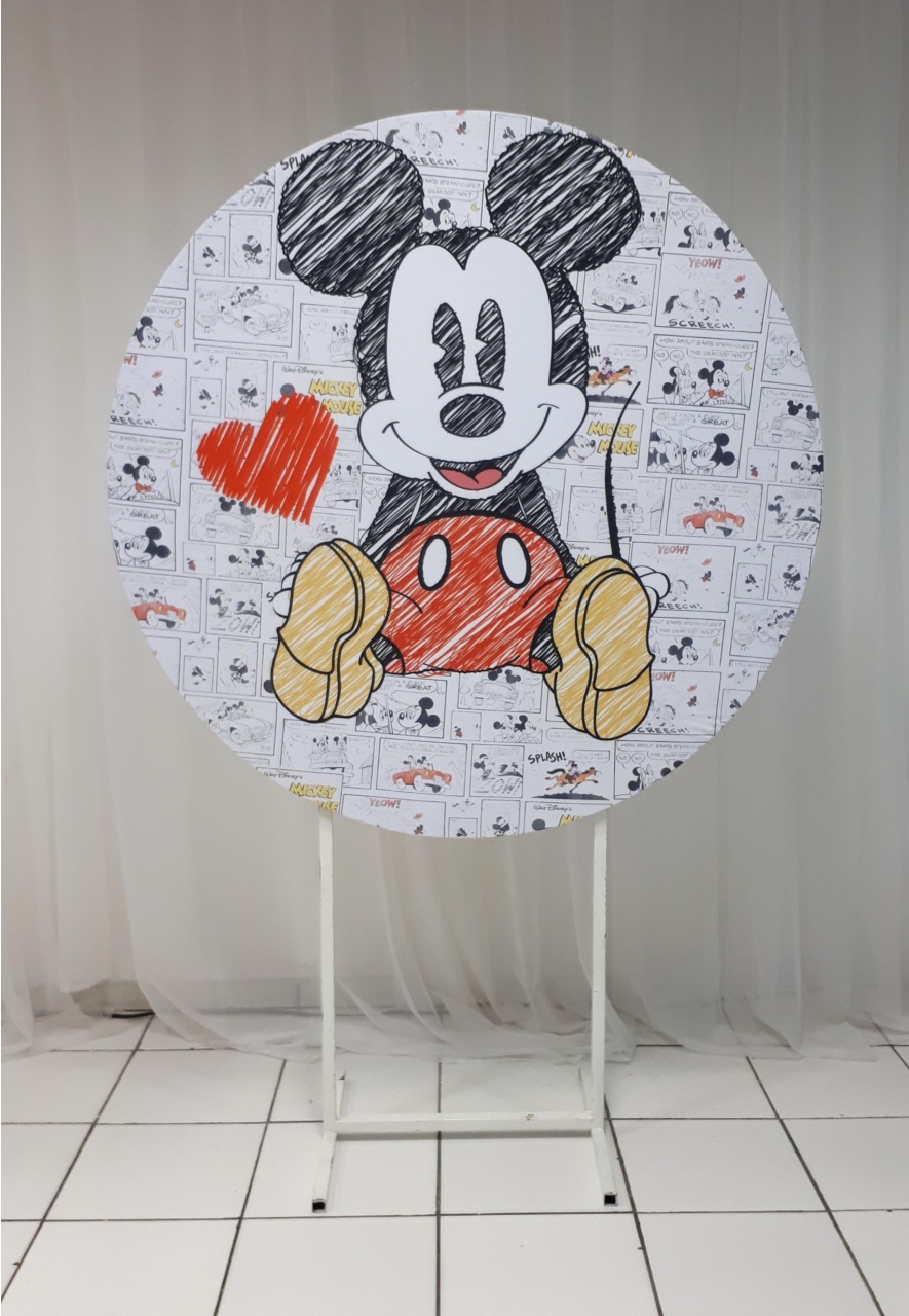 Painel Sublimado Redondo Mickey Com Coração 1,30Cm   - BB Festas Aluguel 