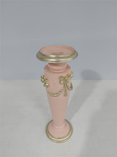 Castiçal Rosa Claro Com Laço Dourada Louça 30Cm X 10Cm - BB Festas Aluguel 