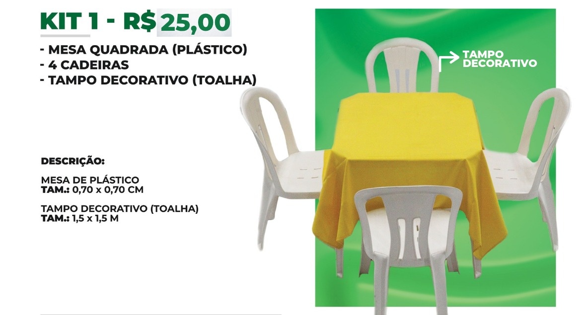 Kit Mesa Quadrada + 4 Cadeiras + Tampo Decorativo - BB Festas Aluguel 