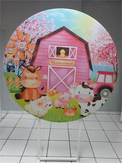 Painel Sublimado Redondo Fazendinha Rosa 1,30Cm - BB Festas Aluguel 