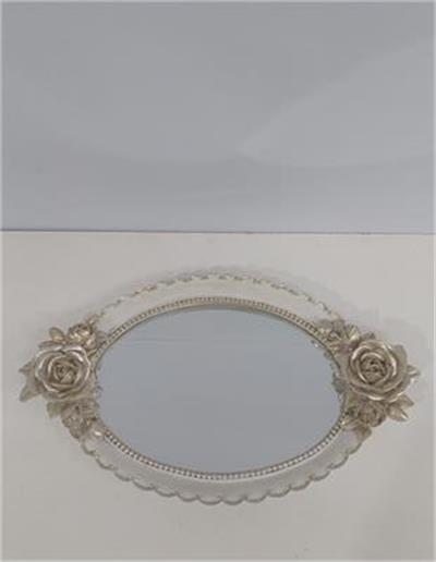 Bandeja Espelho Oval Com Flor Branco Com Dourada Alt2Cm 22Cm X 37Cm - BB Festas Aluguel 