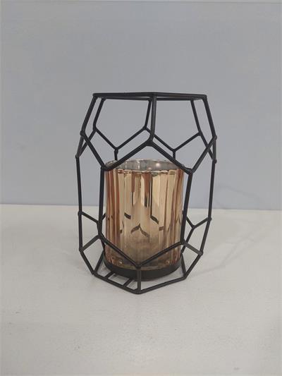 Castiçal 3D Preta Com Vidro Dourada Alt 16Cm X 9Cm X 11Cm - BB Festas Aluguel 