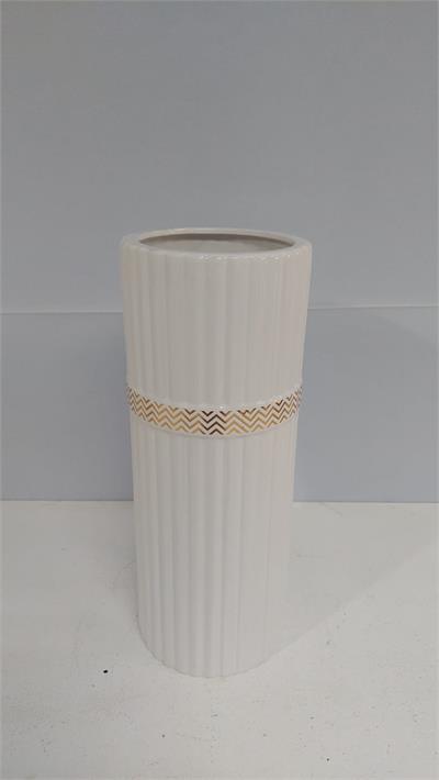 Vaso Branco Canelado Com Dourada 30Cm Alt X 10Cm Diametro - BB Festas Aluguel 