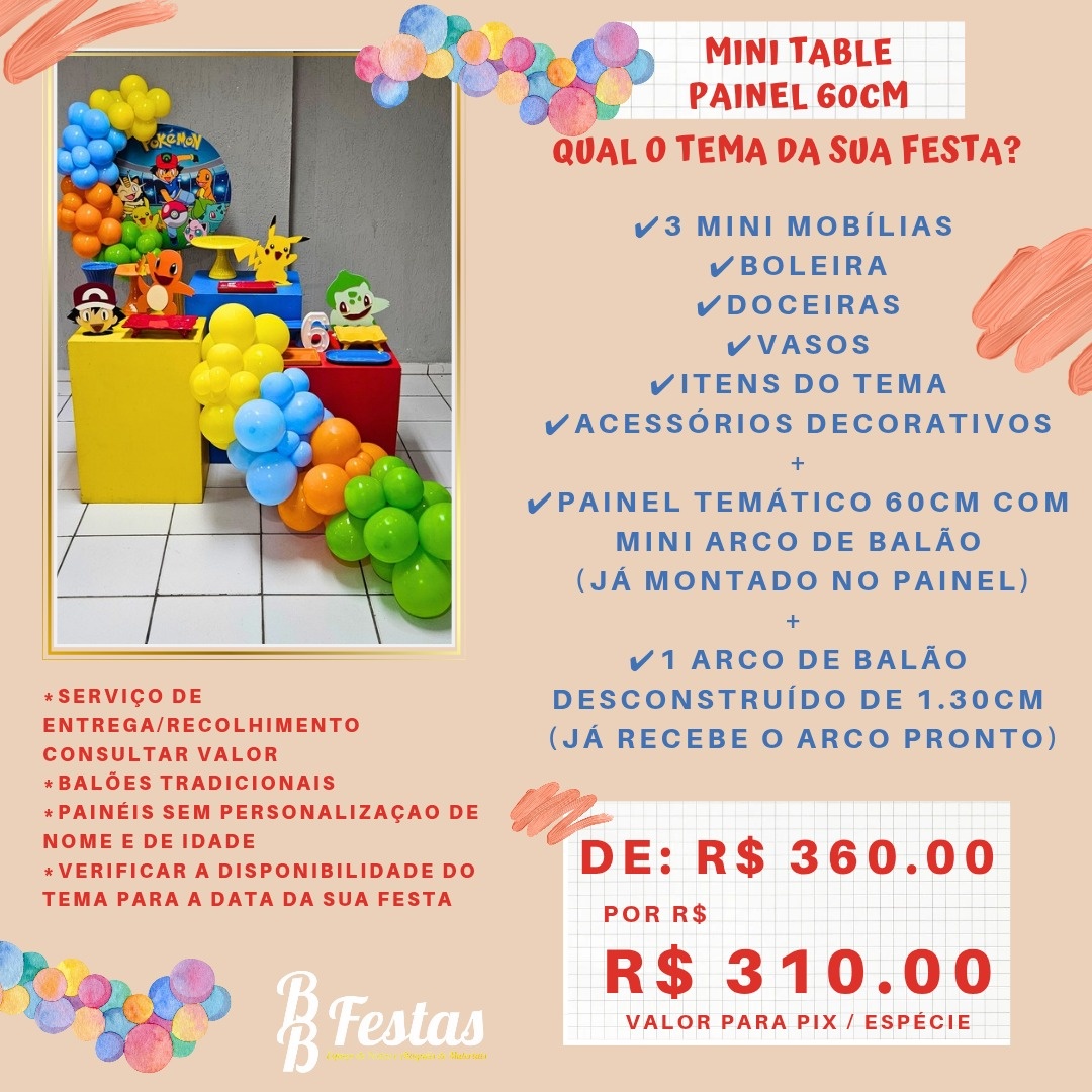 Kit Mini Table - Painel 60Cm + Mobílias  + Peças + Balões - BB Festas Aluguel 