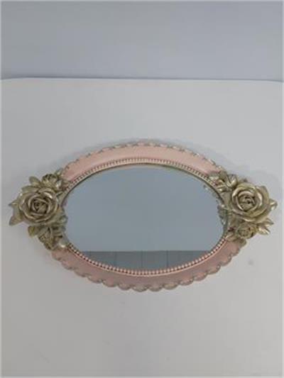 Bandeja Espelho Oval Com Flor Rosa Claro Com Dourada Alt2Cm 22Cm X 37Cm - BB Festas Aluguel 