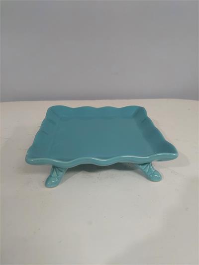 Bandeja Quadrada Babado Com Pé Azul Tiffany 6Cm Alt X 20Cm Diametro - BB Festas Aluguel 