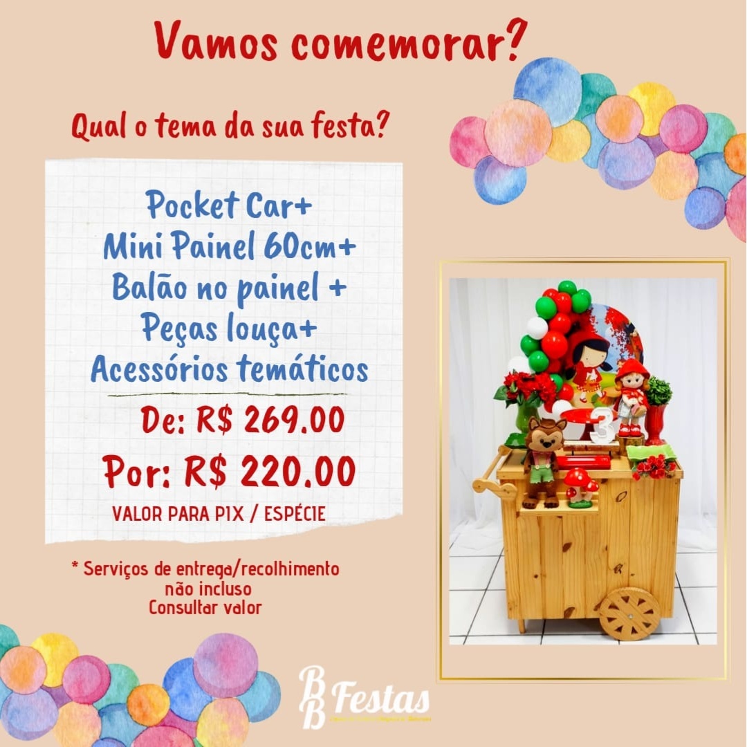 Kit Pocket Car + Painel 60Cm + Arco de Balão + Peças Louças + Acessórios Temáticos - BB Festas Aluguel 