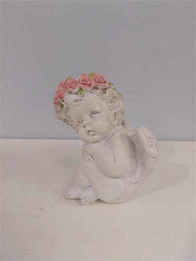 Anjo Mão No Queixo Sentado Com Coroa de Flores G Alt 15Cm X 10Cm X 10Cm - BB Festas Aluguel 