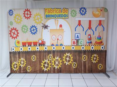 Painel Sublimado Fábrica de Brinquedos 3M X 2M - BB Festas Aluguel 