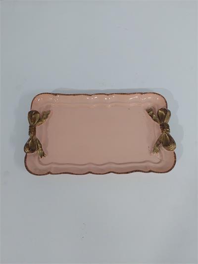 Bandeja Retangular Com Babado Sem Pé Com Laço M Rosa Claro Com Dourada Alt2Cm 11Cm X 19Cm - BB Festas Aluguel 