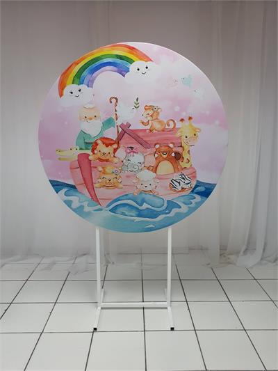 Painel Sublimado Redondo Arca de Noe Fundo Rosa 1,30Cm - BB Festas Aluguel 