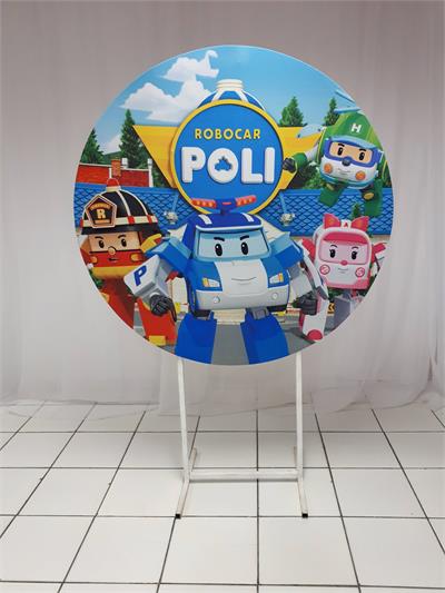 Painel Sublimado Redondo Robocar Poli 1,30Cm - BB Festas Aluguel 