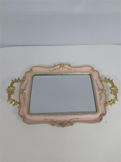 Bandeja Espelho Retangular Com Alça Rosa Claro Com Dourada Alt2Cm 24Cm X 38Cm - BB Festas Aluguel 