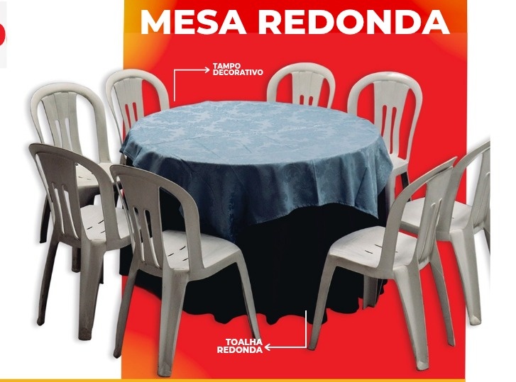 Kit Mesa Redonda de Ferro + 10 Cadeiras + Toalha + Tampo - BB Festas Aluguel 