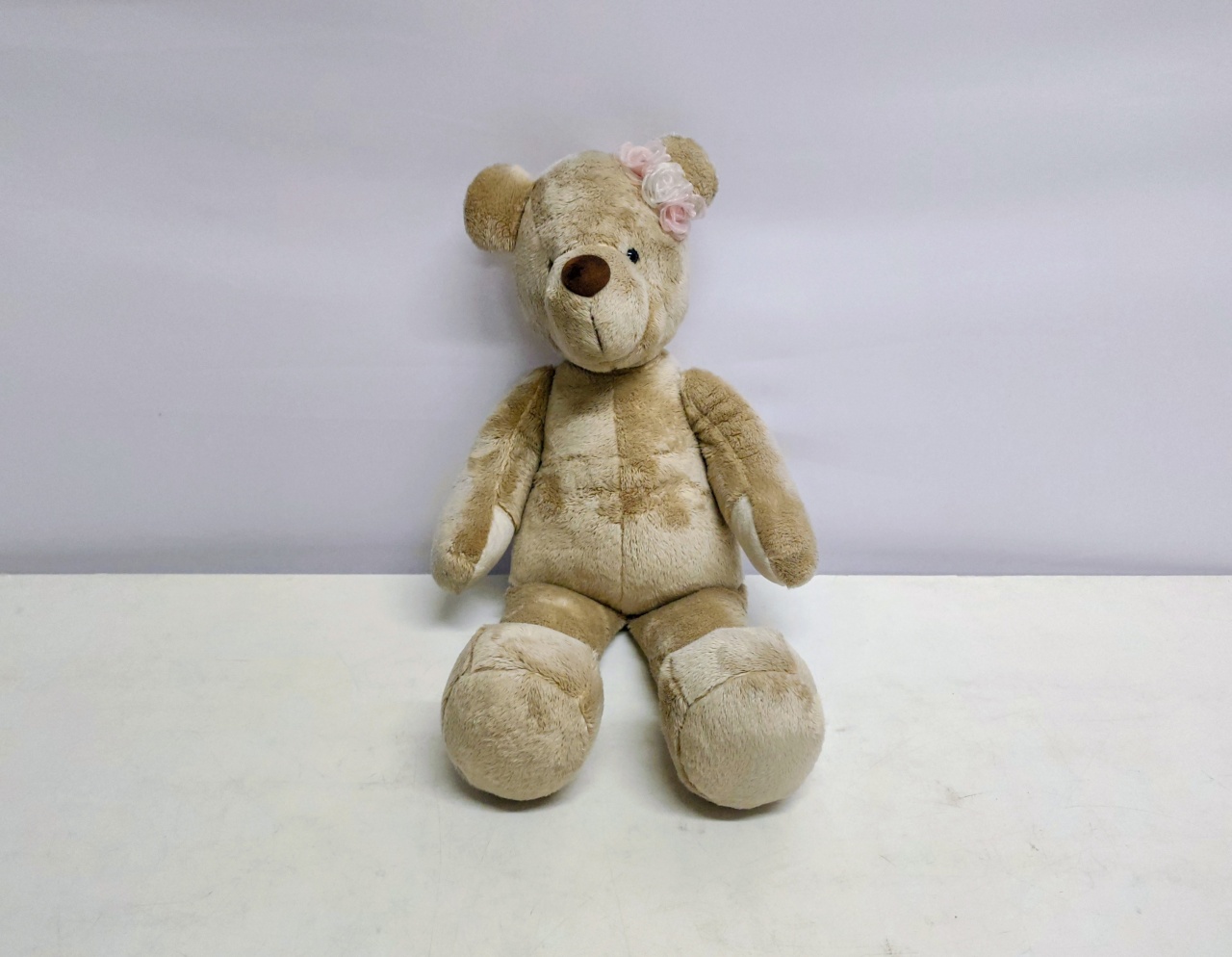 Urso de Pelúcia Marrom Claro Com Laço Rosa (Chá Baby) - BB Festas Aluguel 