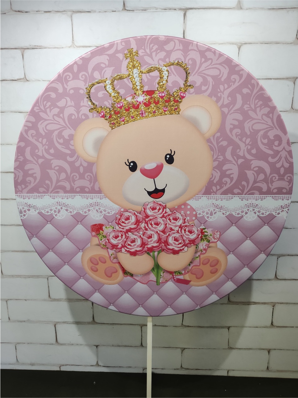 Painel Sublimado Redondo Urso Rosa Com Flores (Cha Baby) 1,30Cm - BBFestasAluguel 