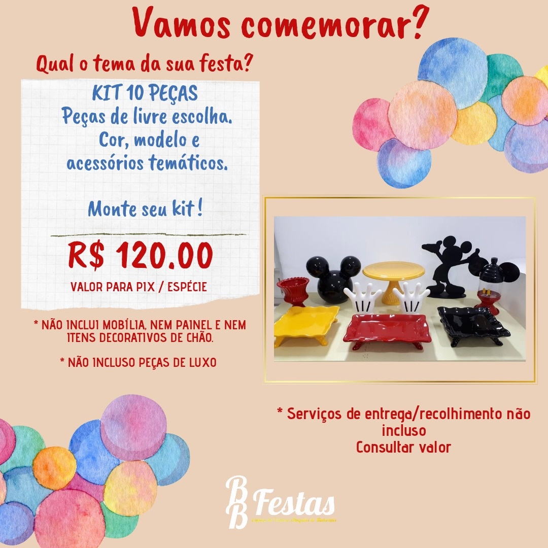 Kit 10 Peças Decorativas de Mesa - BB Festas Aluguel 