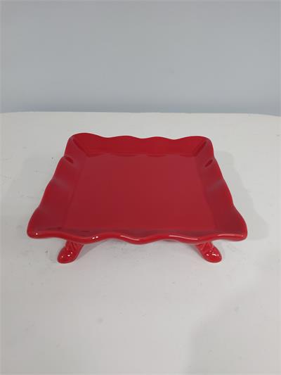 Bandeja Quadrada Babado Com Pé Vermelho 6Cm Alt X 20Cm Diametro - BB Festas Aluguel 