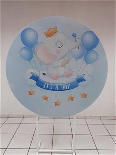 Painel Sublimado Redondo Chá Revelação Elefante Menino 1,30Cm - BB Festas Aluguel 