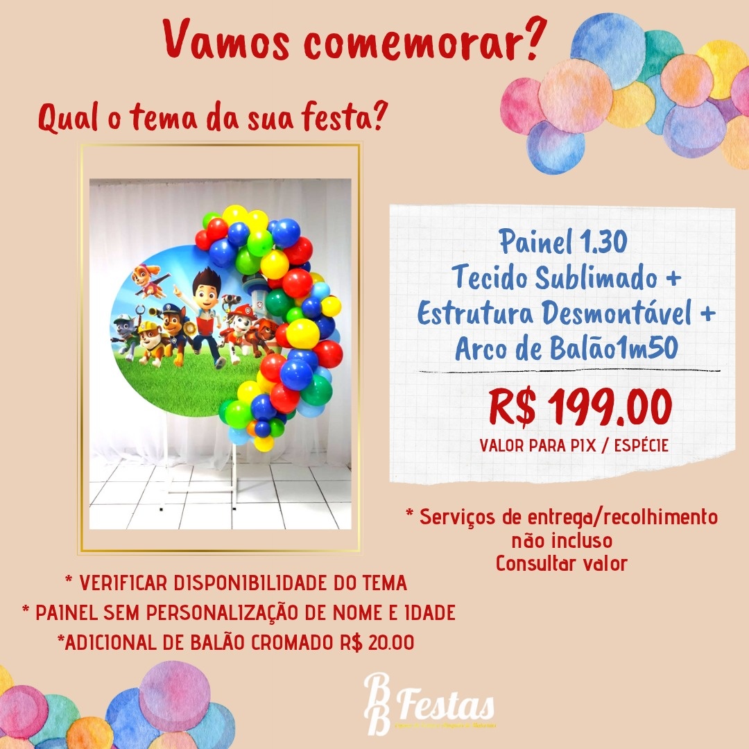 Kit Painel 1,30M + Tecido + Arco Balão 1,50M - BB Festas Aluguel 