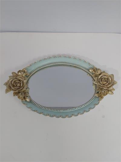 Bandeja Espelho Oval Com Flor Azul Claro Com Dourada Alt2Cm 22Cm X 37Cm - BB Festas Aluguel 